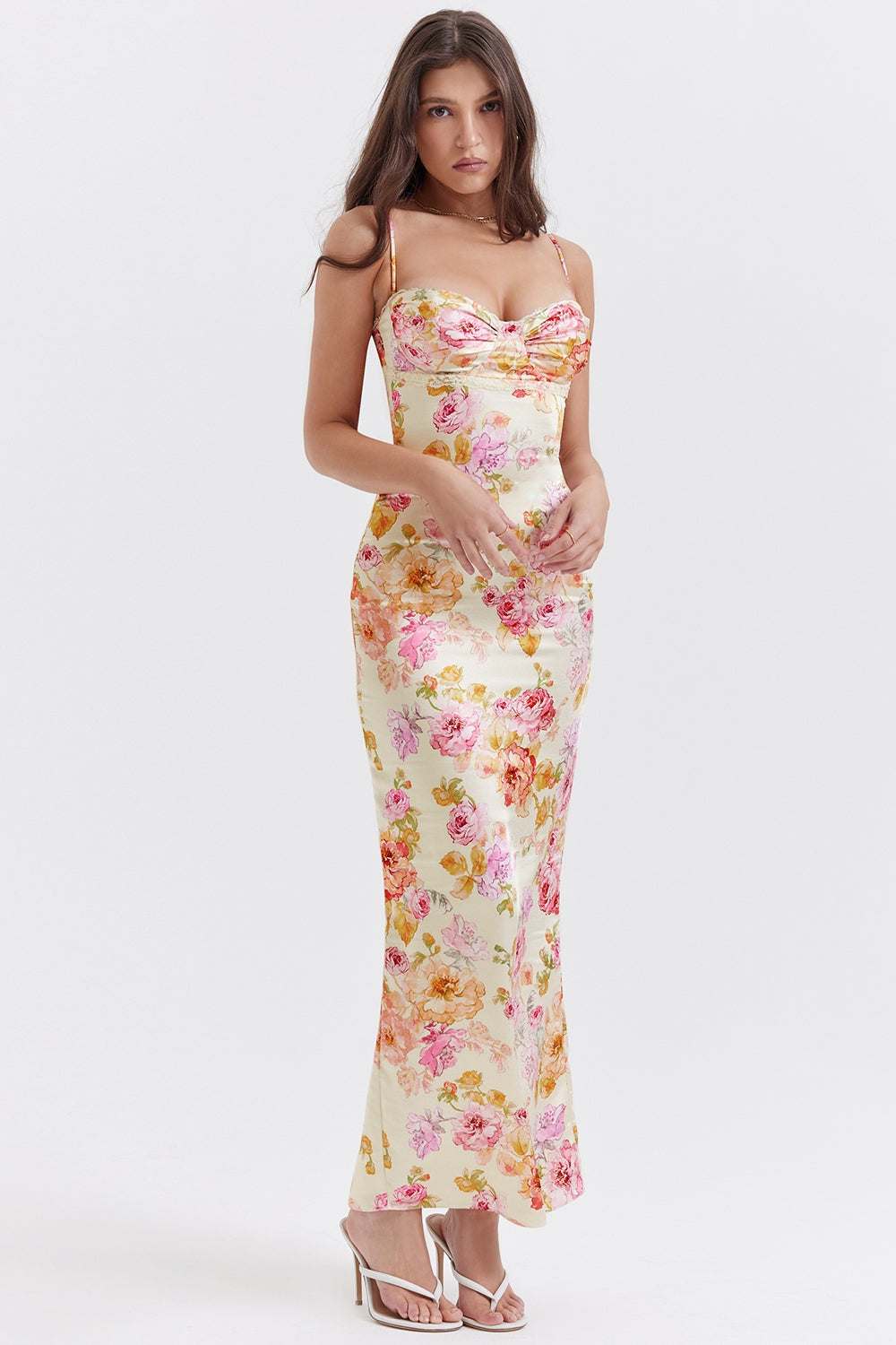 Floral Satin Sweetheart Ruched Bust Spaghetti Strap Maxi Dress