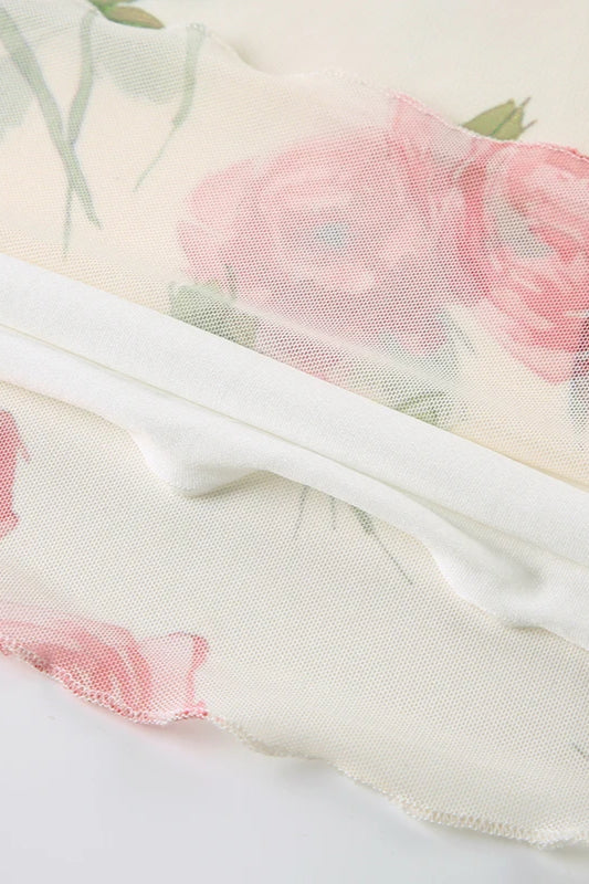 Floral Mesh V Neck Midi Dress