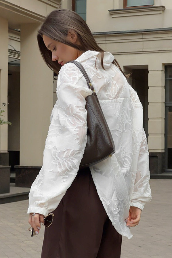 Sheer Textured Jacquard Collared Balloon Sleeve Oversized Shirt 3