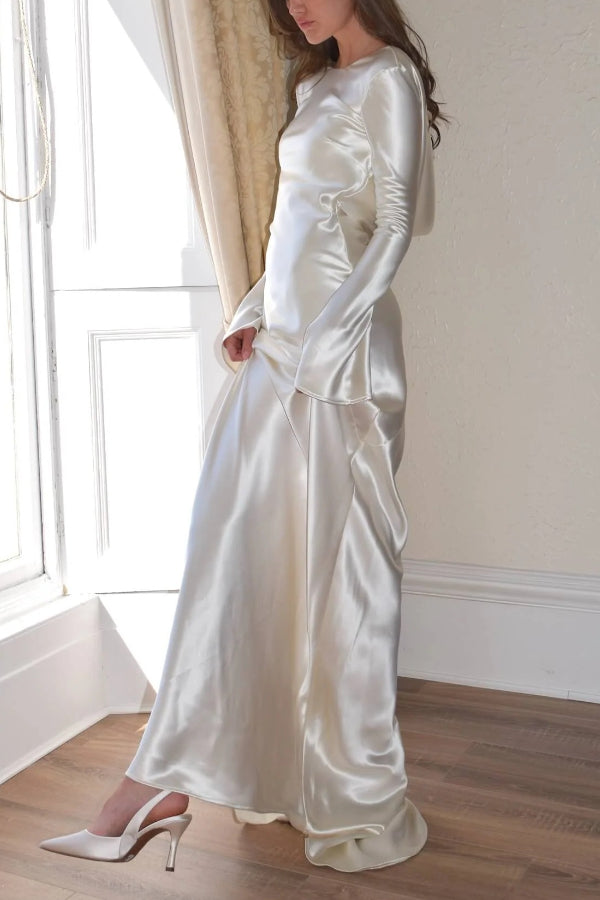 Satin Cowl Back Long Flare Sleeve Maxi Gown with Train 5