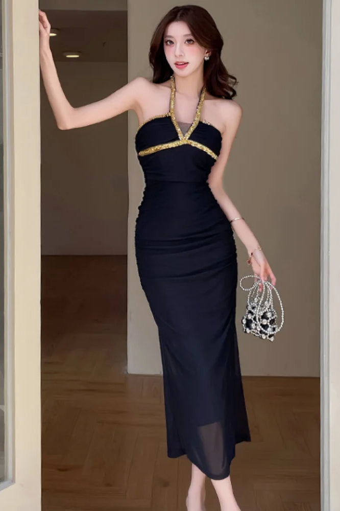 Halter Neck Rhinestone Trim Ruched Bodycon Midi Dress