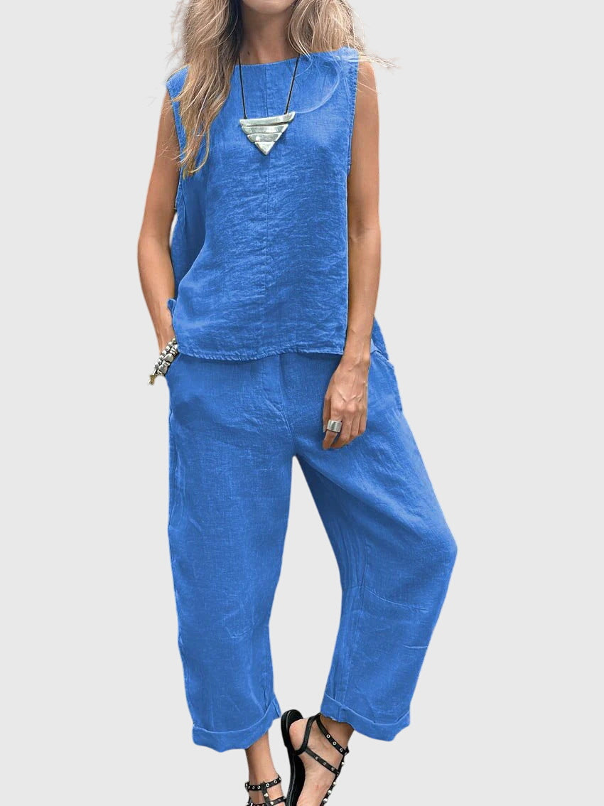 Sleeveless Round Neck Top and Wide Leg Crop Pants Two Piece Set