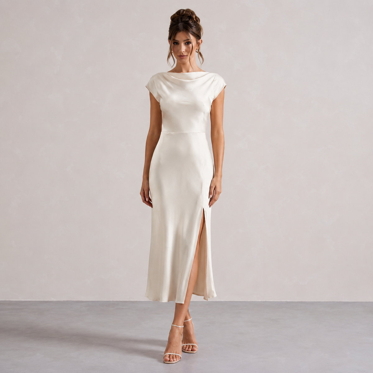 Satin Cowl Neck Cap Sleeve High Split Midi Dress 4