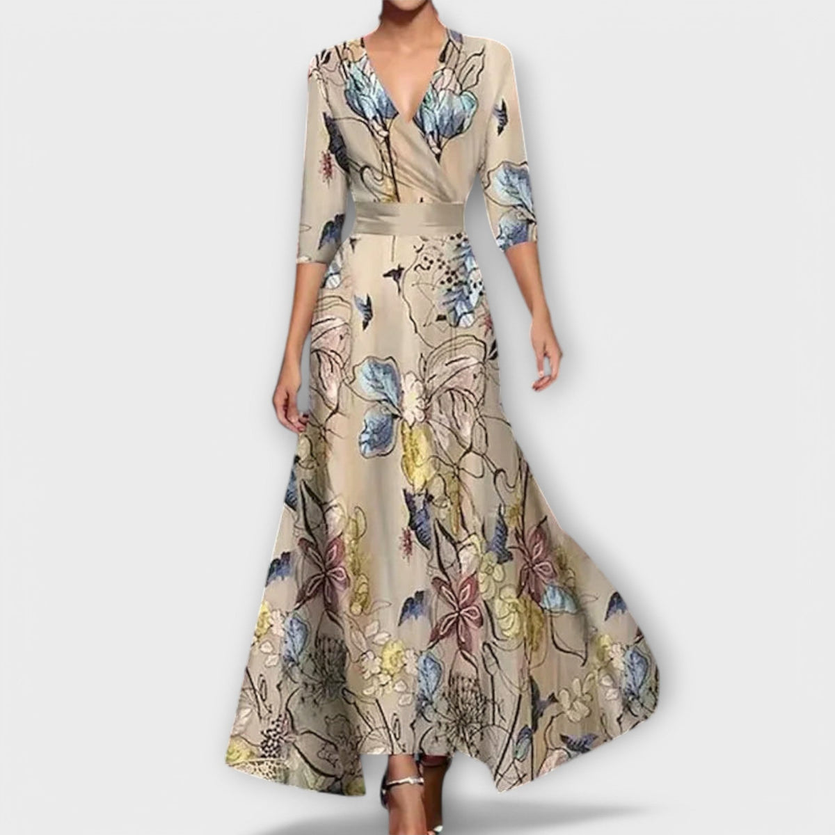 Floral Print V-Neck Long Sleeve Fit and Flare Maxi Dress
