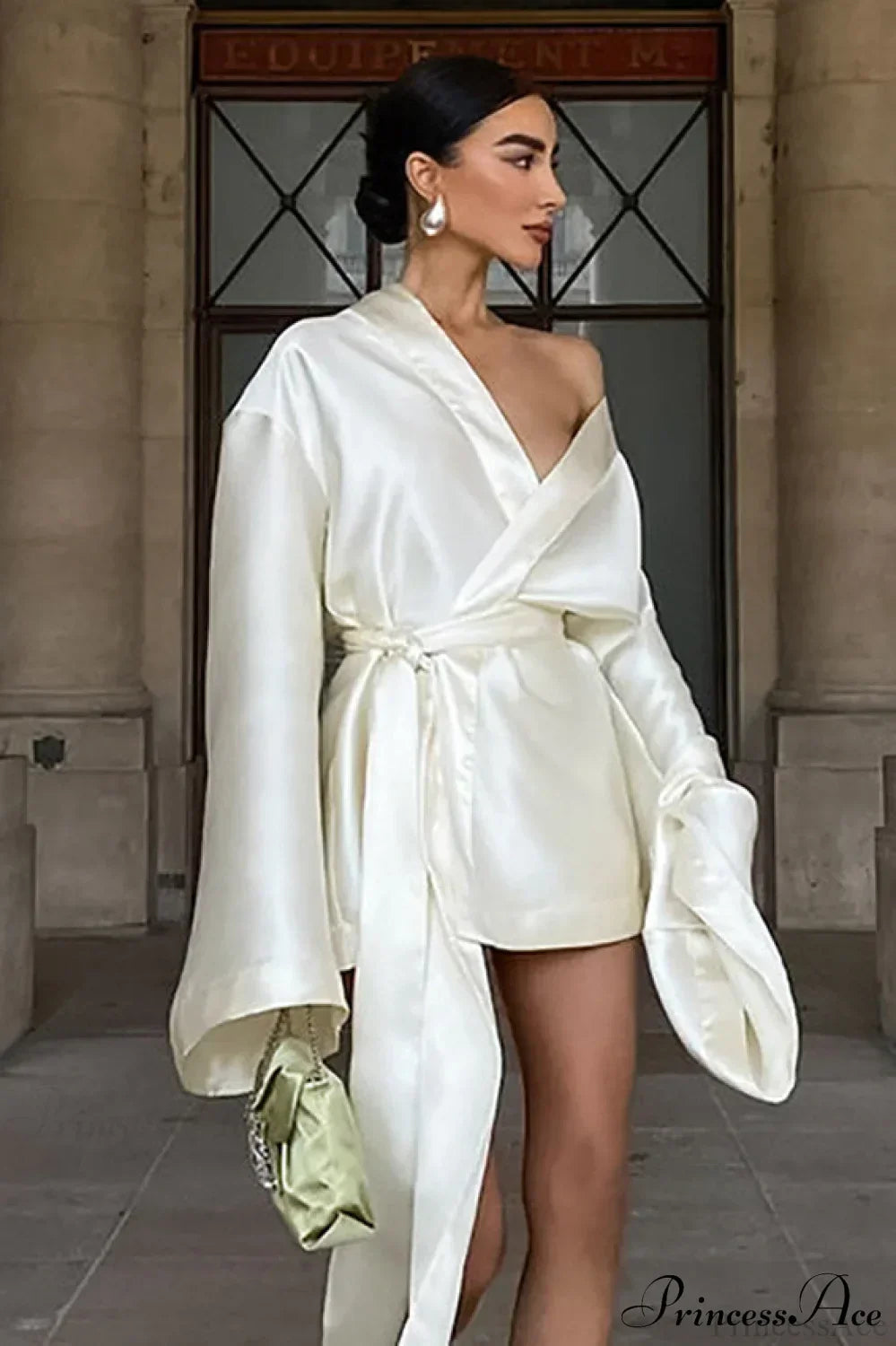 Champagne Satin Tie Waist Long Sleeve V Neck A Line Mini Dress - View 3