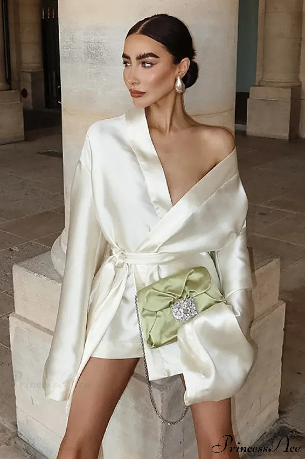 Champagne Satin Tie Waist Long Sleeve V Neck A Line Mini Dress - View 2
