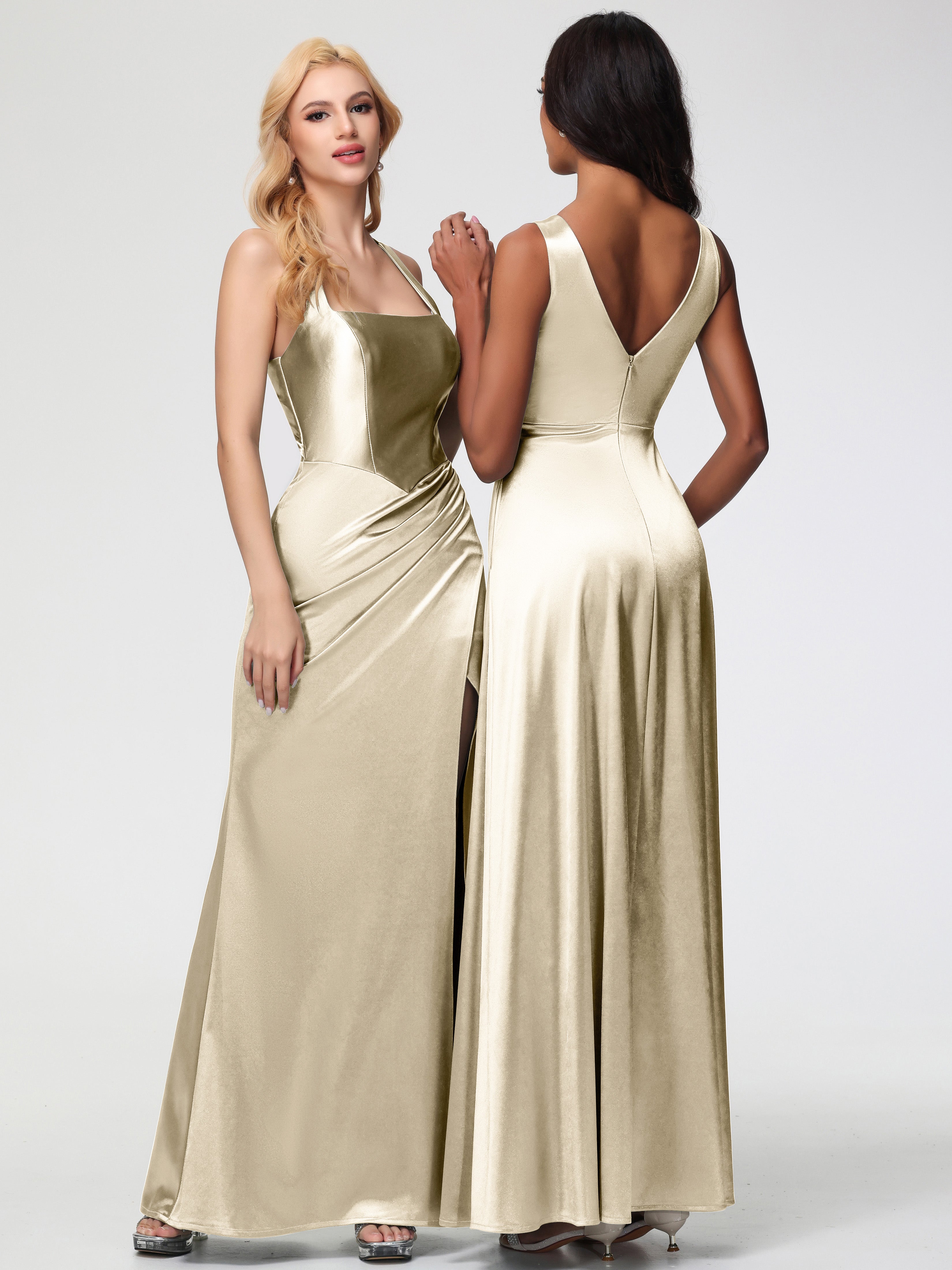 Champagne Stretch Satin Formal Dress Straps Ruched Floor Length Sheath Formal Dress With Slit