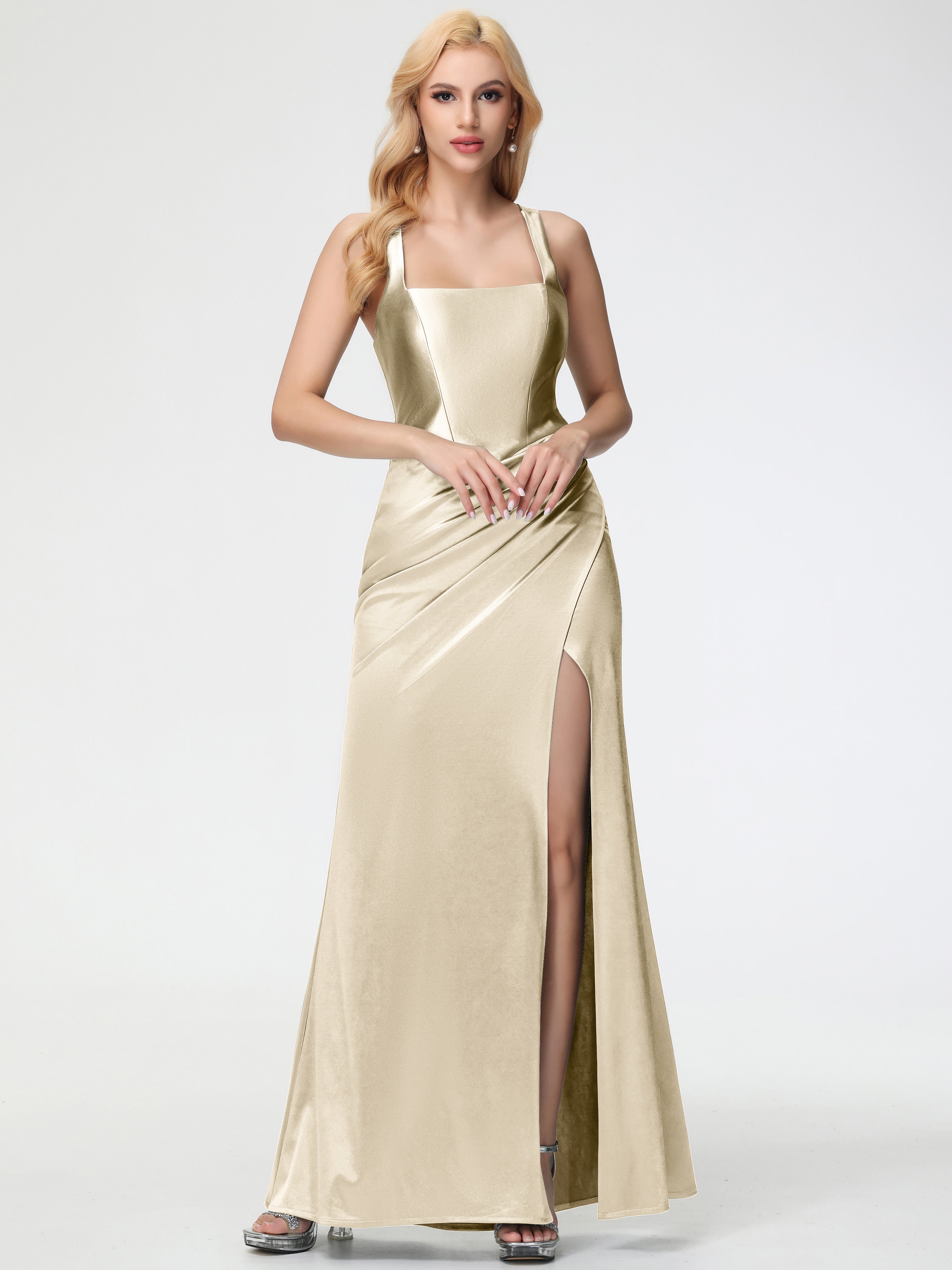 Champagne Stretch Satin Formal Dress Straps Ruched Floor Length Sheath Formal Dress With Slit