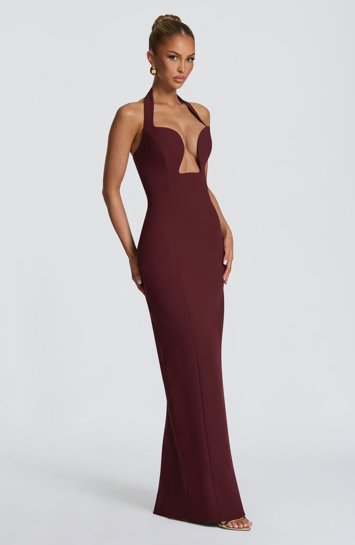 Halter Neck Sculpted Plunge Cut Out Column Maxi Dress 3