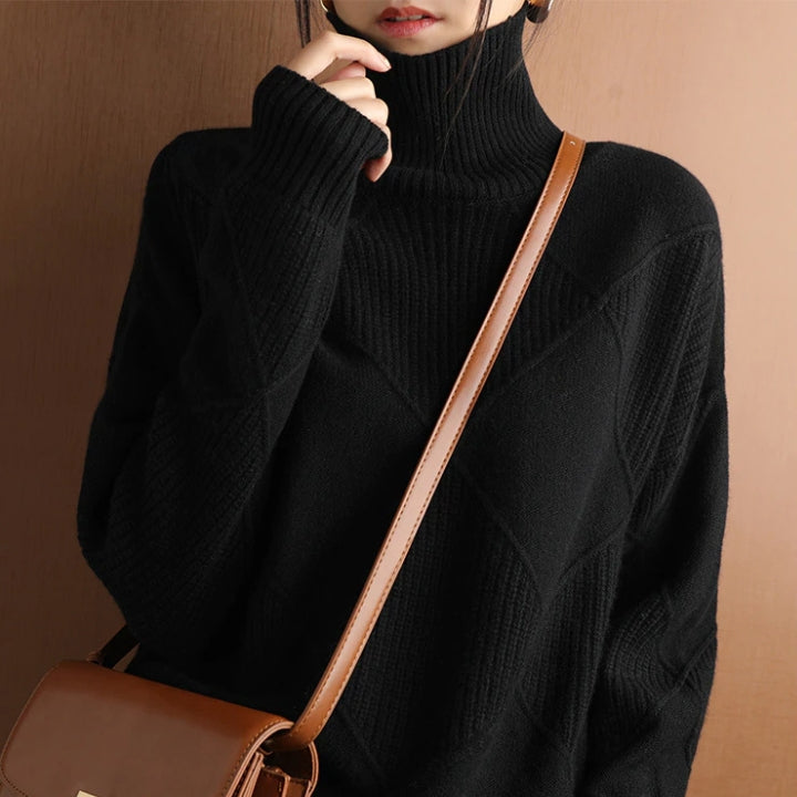 Turtleneck Long Sleeve Argyle Textured Knit Sweater