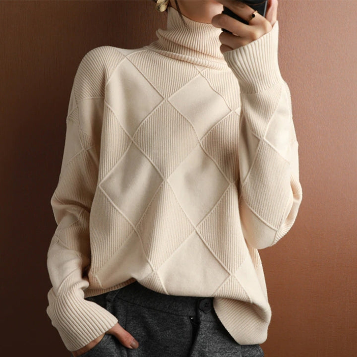 Turtleneck Long Sleeve Argyle Textured Knit Sweater