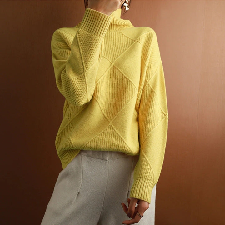 Turtleneck Long Sleeve Argyle Textured Knit Sweater