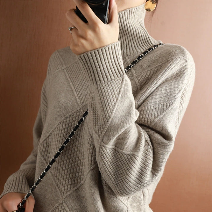 Turtleneck Long Sleeve Argyle Textured Knit Sweater