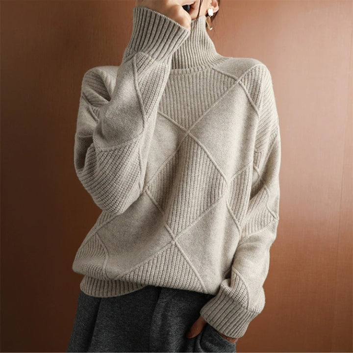 Turtleneck Long Sleeve Argyle Textured Knit Sweater