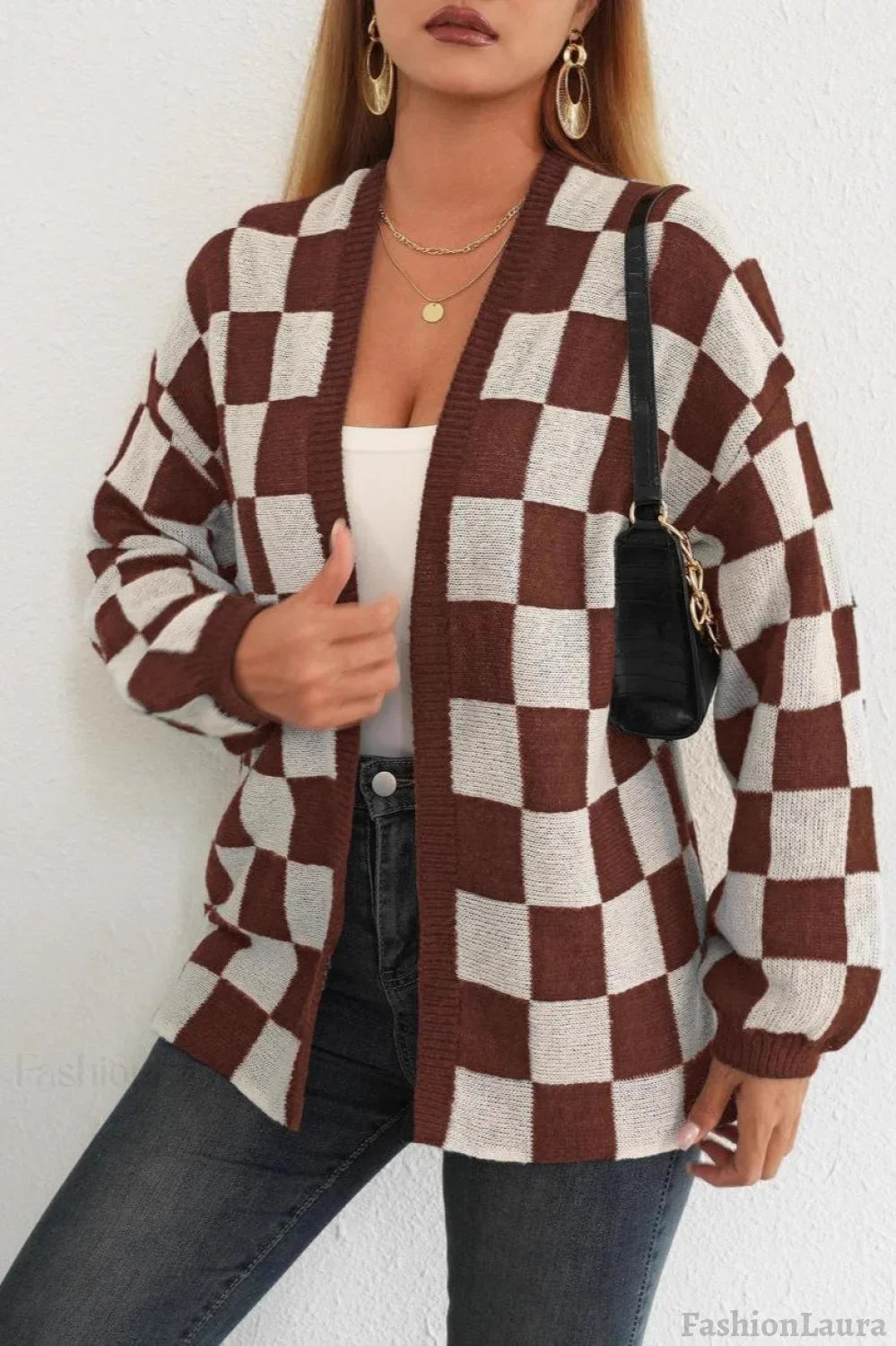 Checkered Knit Cardigan S / Brown