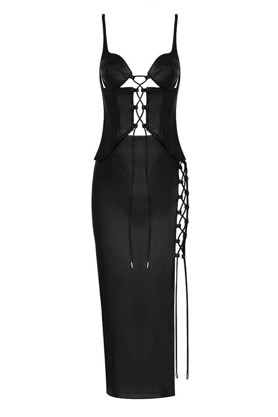 Chic Bustier Lace Up Vegan Leather Skirt Two Piece Dress - Black - View 2
