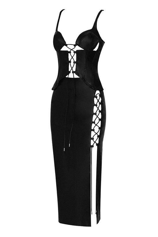 Chic Bustier Lace Up Vegan Leather Skirt Two Piece Dress - Black - View 3