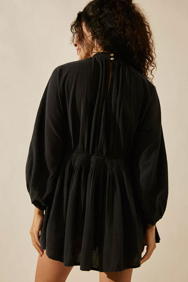 Chic Deep V Balloon Sleeve Scrunch Empire Waist Babydoll Beach Vacation Mini Dress