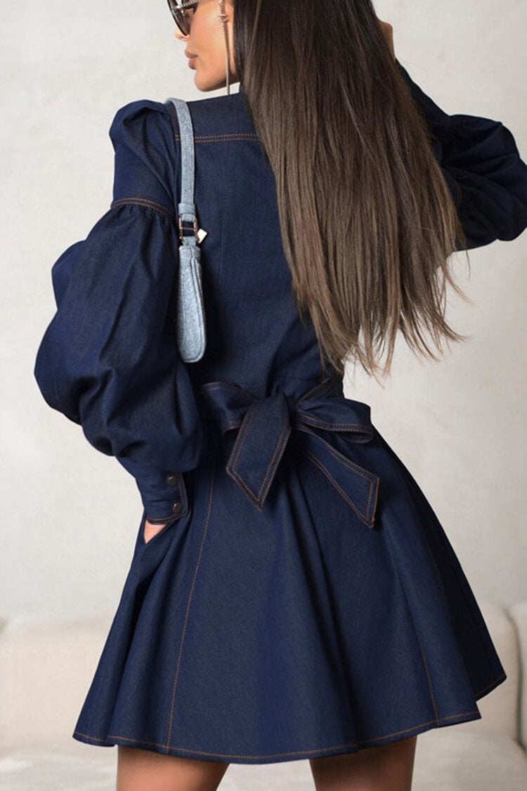 Chic Mock Neck Balloon Sleeve Button Up Belted Pocketed Denim Mini Dress