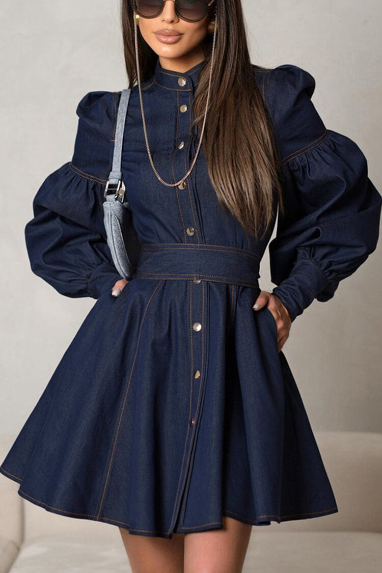 Chic Mock Neck Balloon Sleeve Button Up Belted Pocketed Denim Mini Dress