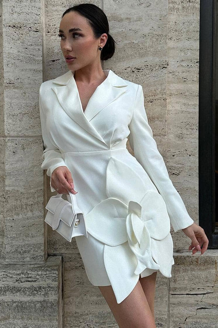Rosette Applique Lapel Shoulder Pad Blazer Mini Dress - White - View 2