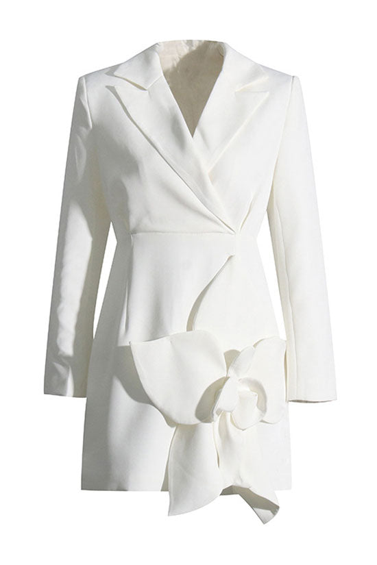 Rosette Applique Lapel Shoulder Pad Blazer Mini Dress - White - View 7