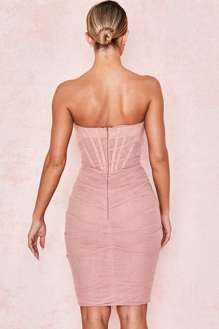 Sheer Mesh Strapless Ruched Corset Bodycon Midi Dress
