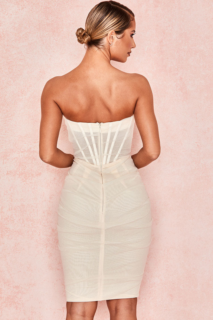 Strapless Corset Ruched Bodycon Midi Party Dress