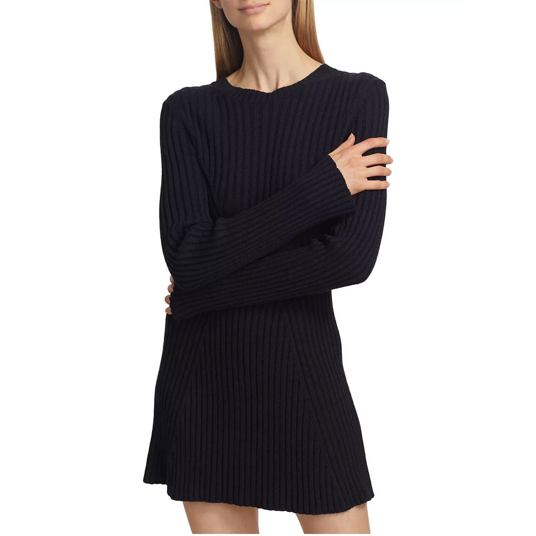 Chic Solid Crew Neck Long Sleeve Ribbed Knit Mini Sweater Dress