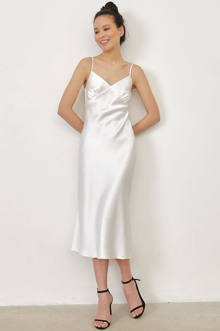 Spaghetti Strap V-Neck Satin Slip Midi Dress