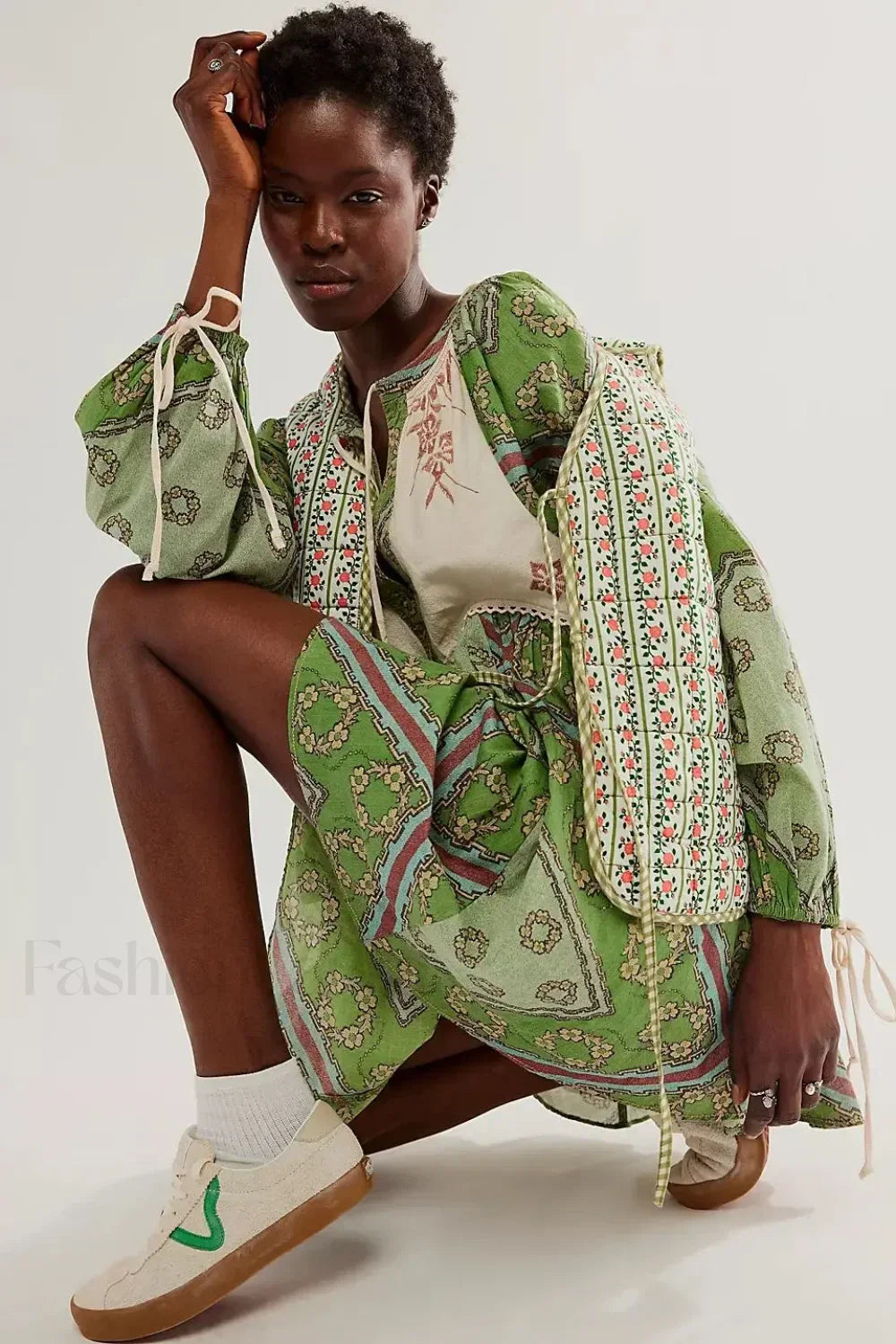 Chiffon Floral Tunic Boho Dress Green / S