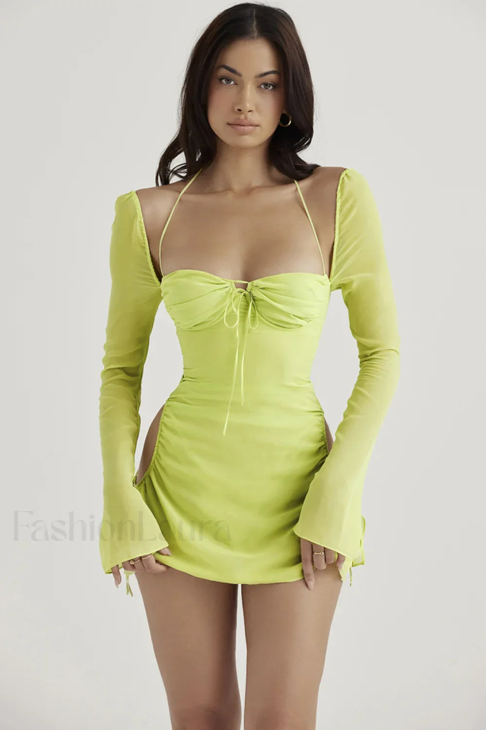 Chiffon Halter Stylish Mini Dress S / Neon Green