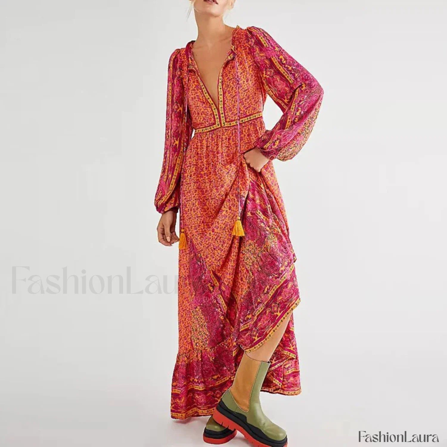 Chiffon Lantern Sleeve Boho Dress