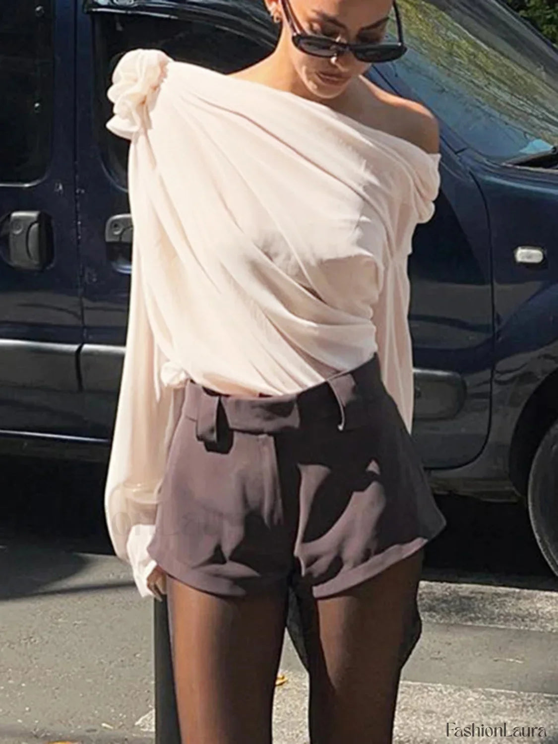 Chiffon Semi-sheer One Shoulder Asymmetrical Blouse