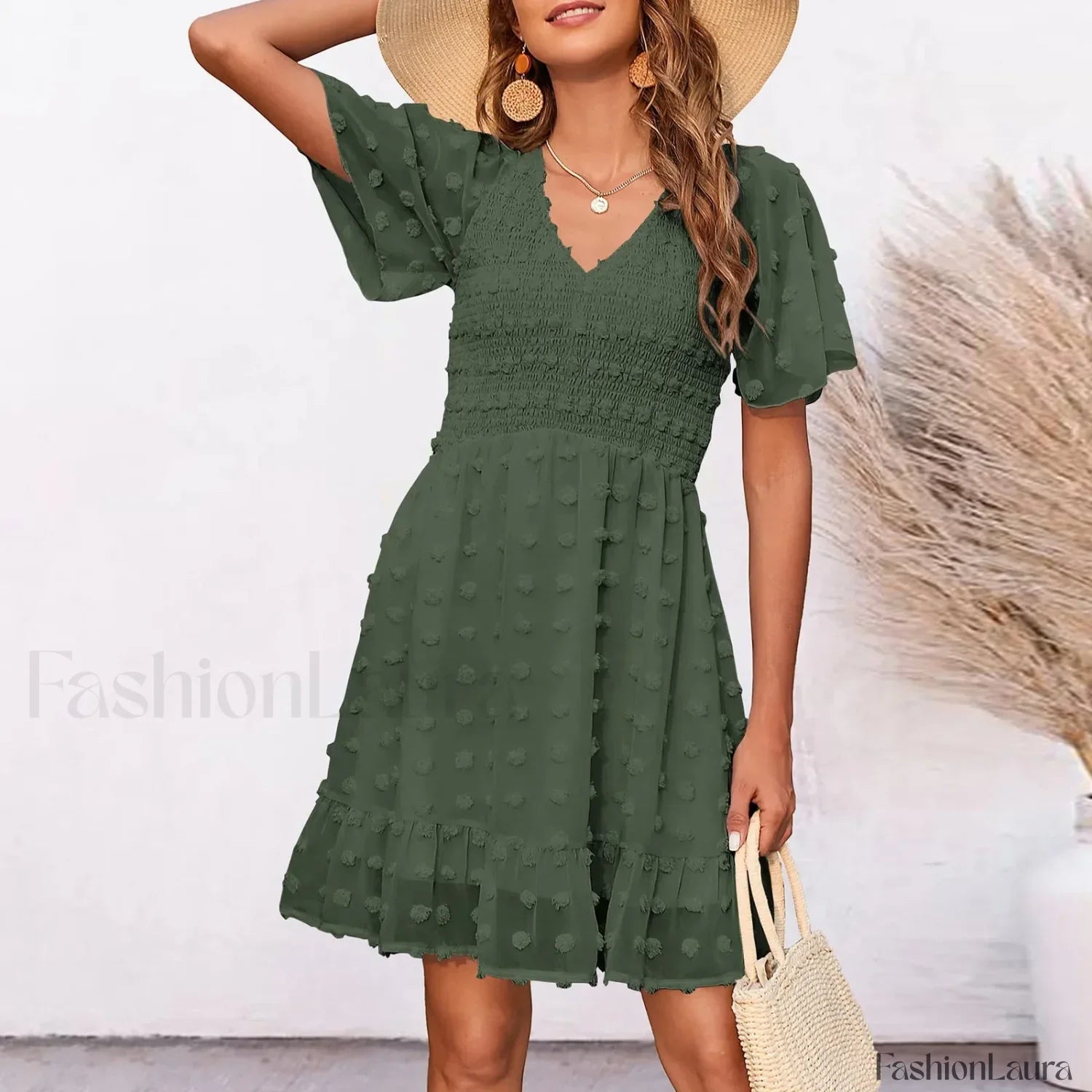 Chiffon Smocked Fur Ball Point Short Sleeve Holiday Beach A-line 2024 Summer Female Sun Mini Dress