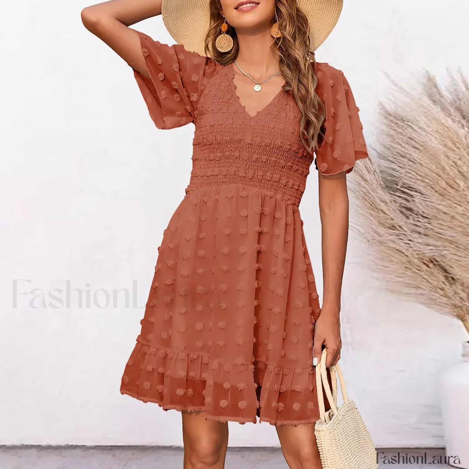 Chiffon Smocked Fur Ball Point Short Sleeve Holiday Beach A-line 2024 Summer Female Sun Mini Dress