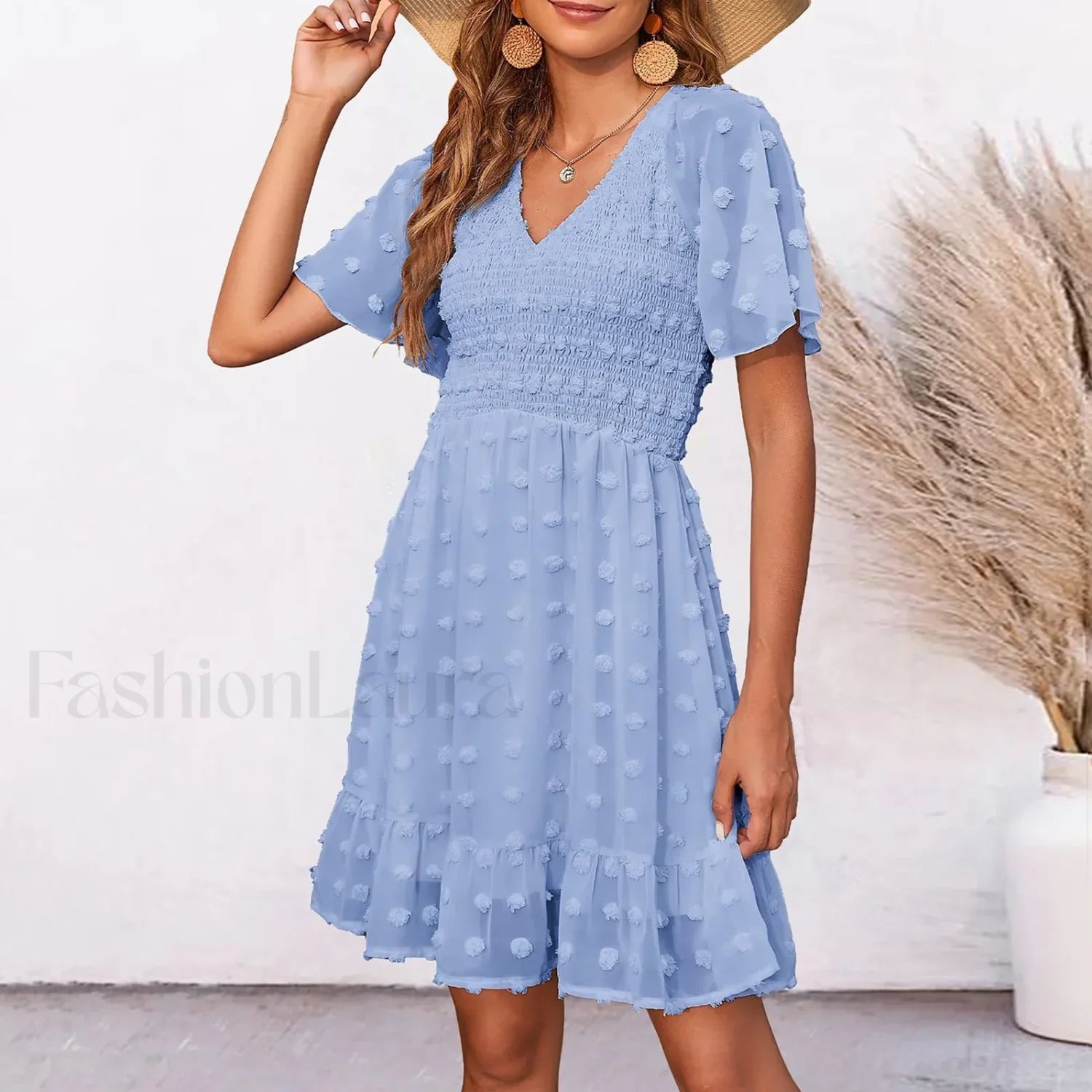 Chiffon Smocked Fur Ball Point Short Sleeve Holiday Beach A line 2024 Summer Female Sun Mini Dress Blue / S