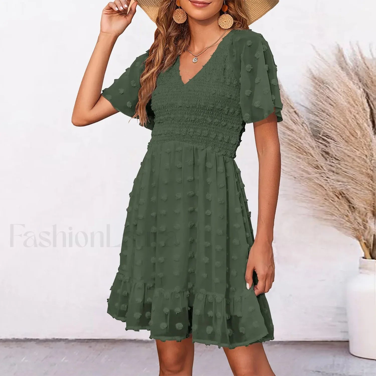 Chiffon Smocked Fur Ball Point Short Sleeve Holiday Beach A-line 2024 Summer Female Sun Mini Dress