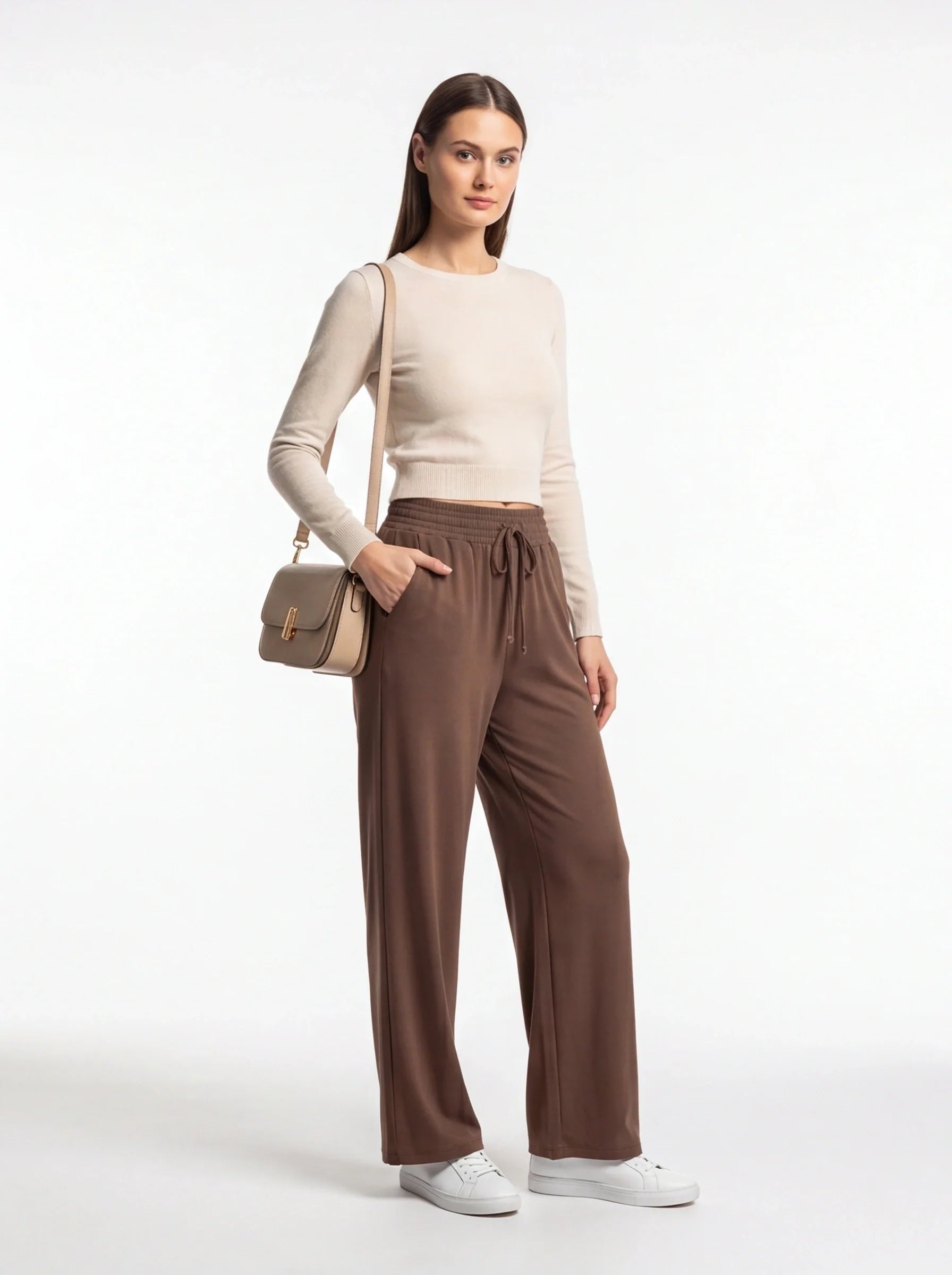 Wide Leg Pants Elastic Waist Polyester Elastane