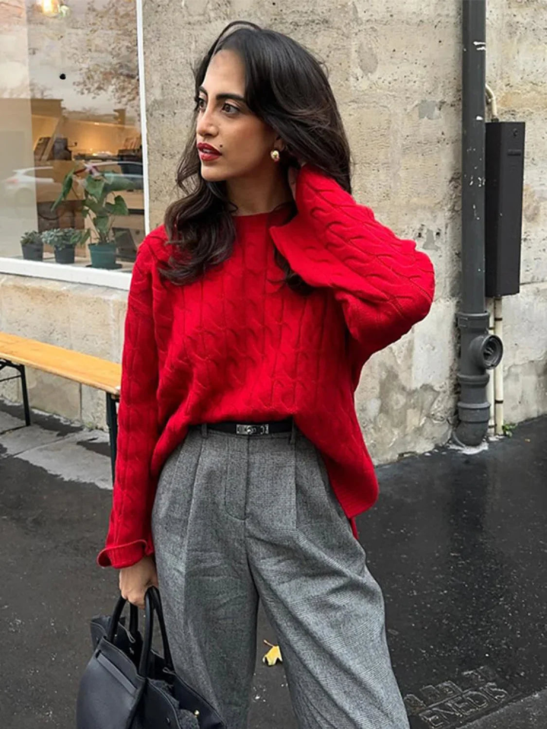 Christmas Sweater Lazy Twist O Neck Long Sleeve Side Split Knitted Red / S Christmas Sweaters L