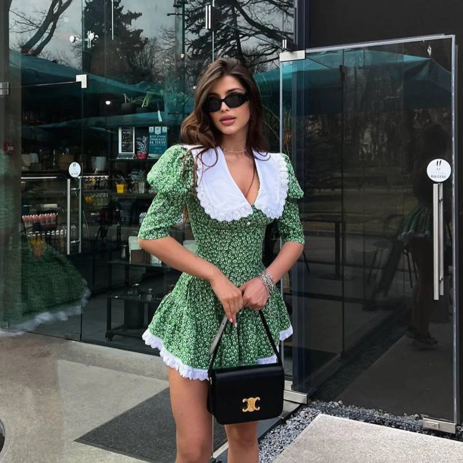 Cinched Babydoll Flora Mini Dress Green / S