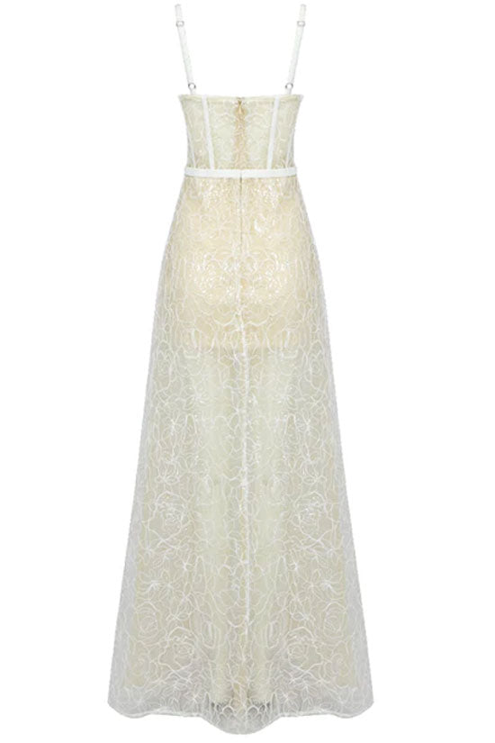 Lace Corset Spaghetti Strap High Split Sheer Maxi Dress