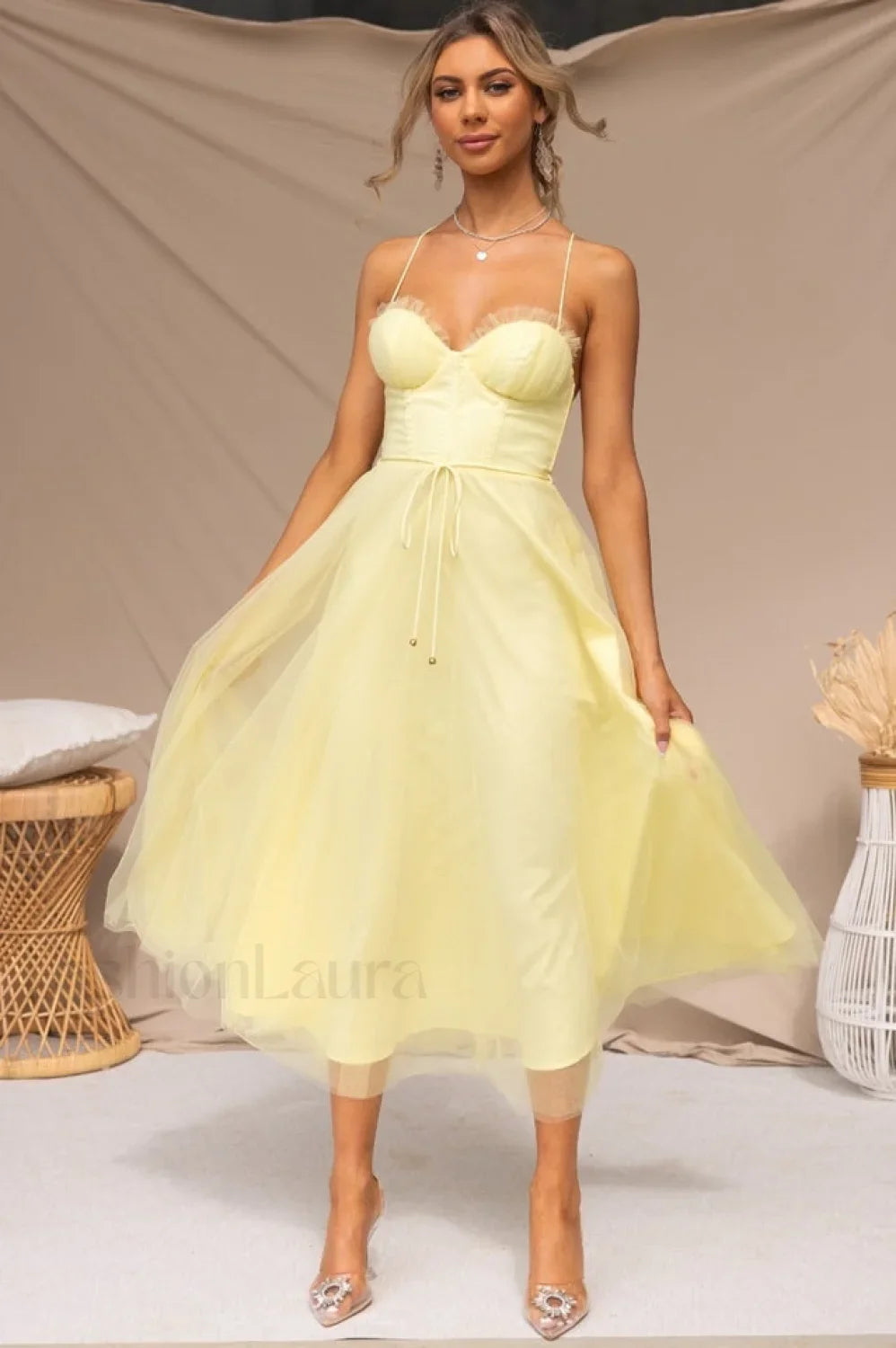 Cindy Tulle Stylish Midi Dress S / Buttercup