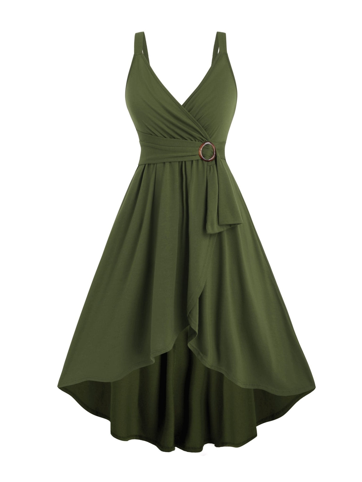 Surplice V-Neck Sleeveless Ring Belt High Low Wrap Midi Dress