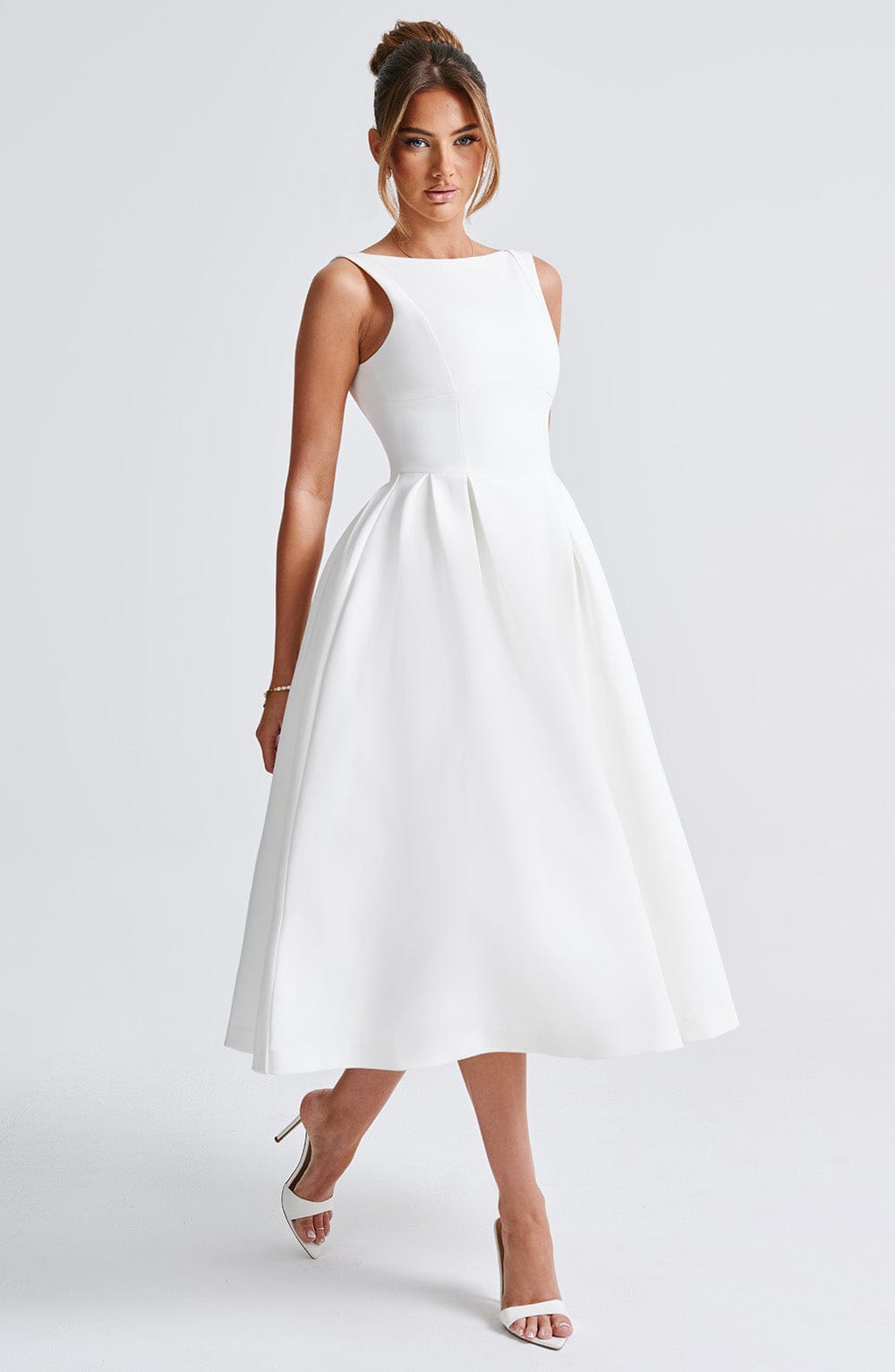 Boat Neck Sleeveless Basque Waist Pleated Fit and Flare Midi Dress 12