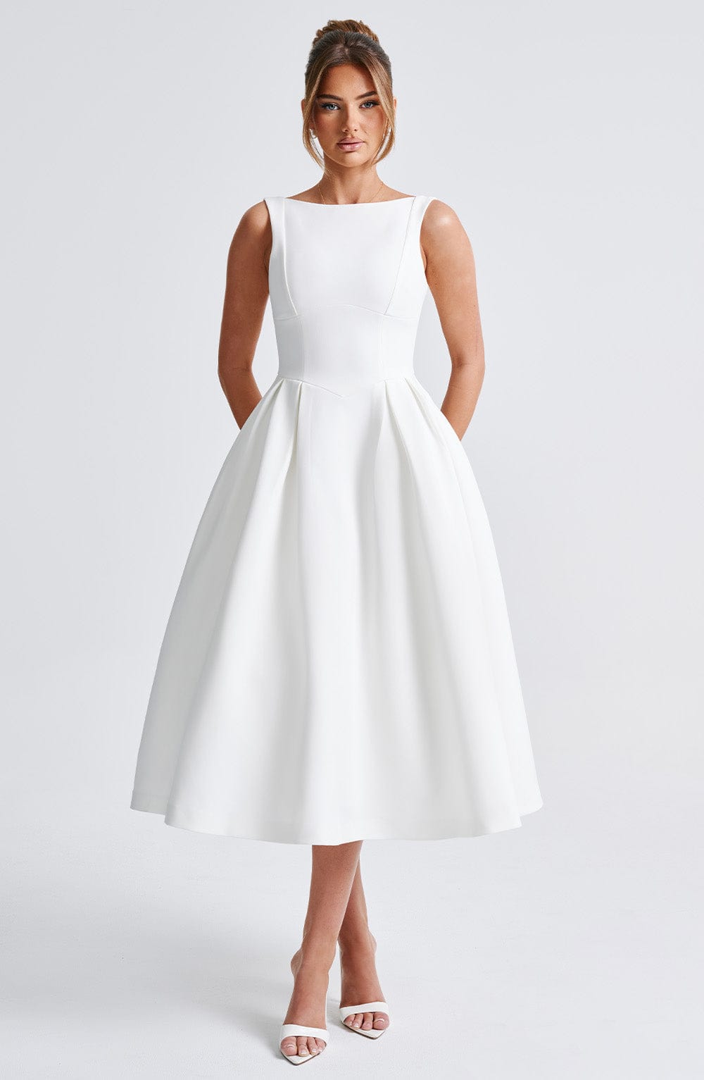 Boat Neck Sleeveless Basque Waist Pleated Fit and Flare Midi Dress 14