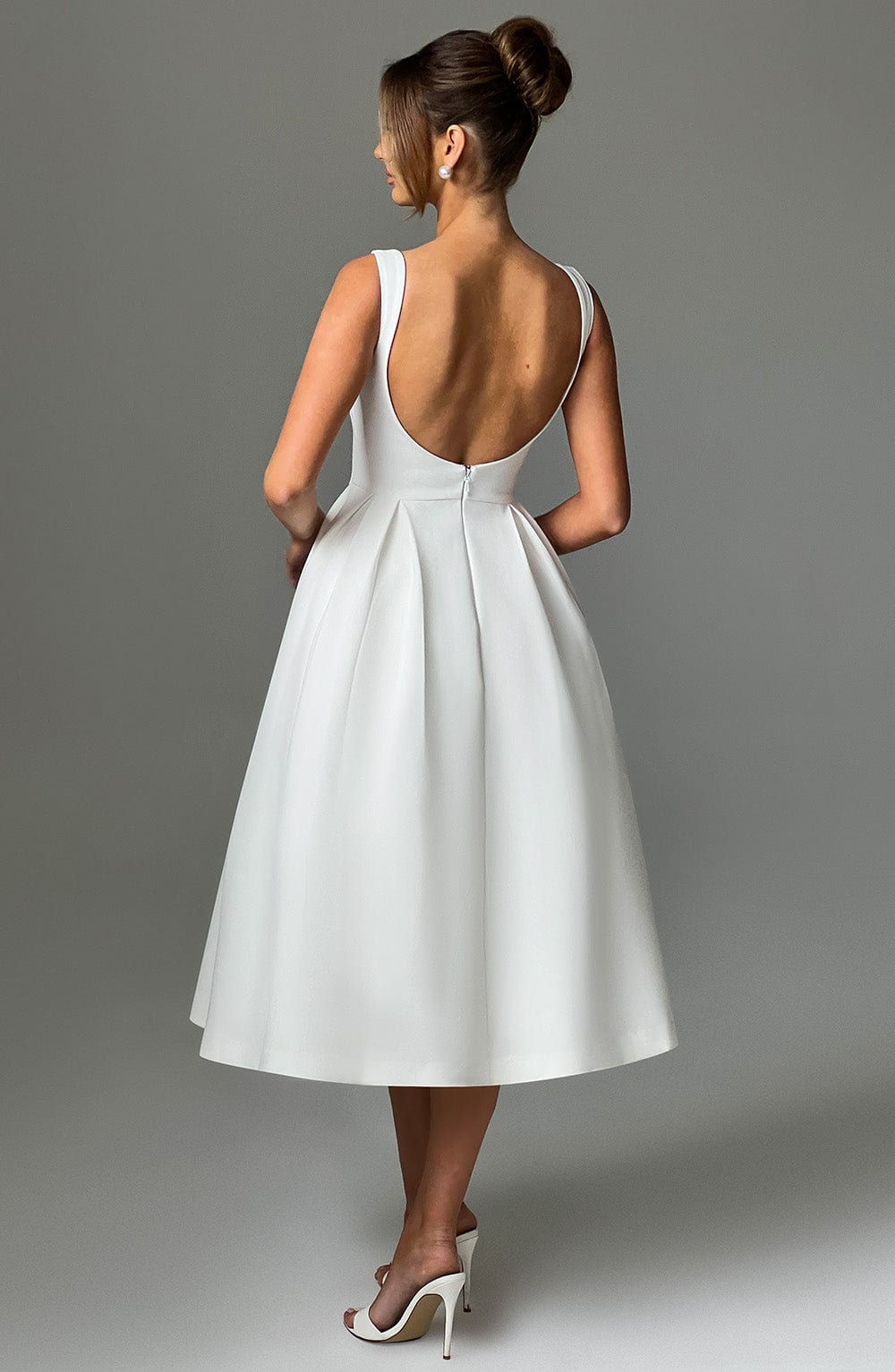 Boat Neck Sleeveless Basque Waist Pleated Fit and Flare Midi Dress 5