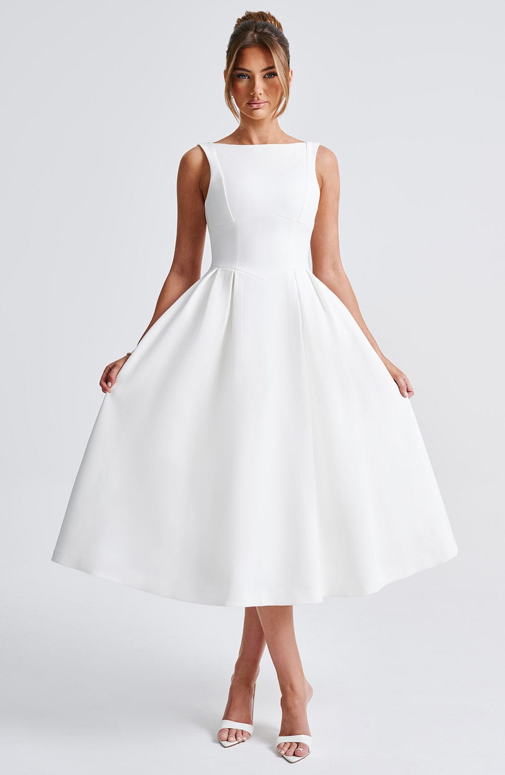 Boat Neck Sleeveless Basque Waist Pleated Fit and Flare Midi Dress 13