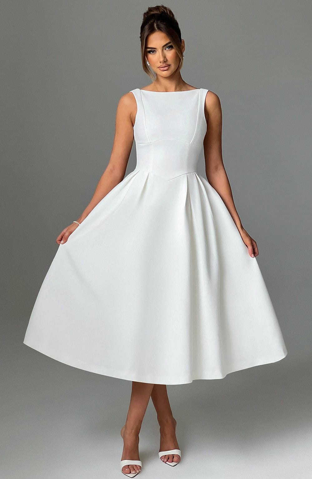 Boat Neck Sleeveless Basque Waist Pleated Fit and Flare Midi Dress 2