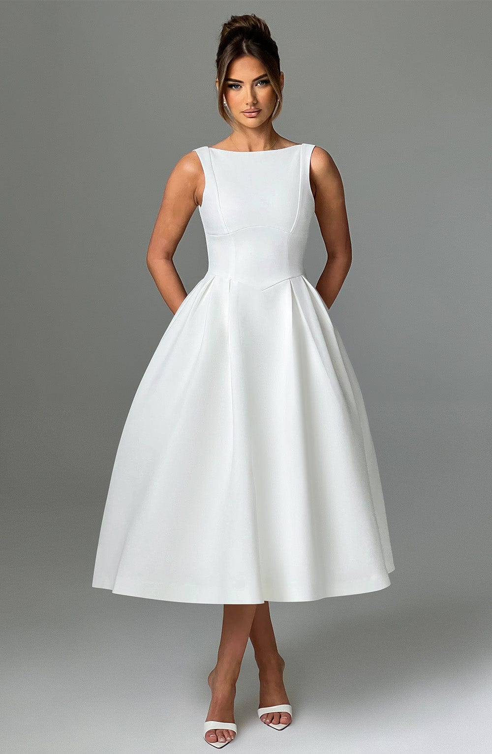 Boat Neck Sleeveless Basque Waist Pleated Fit and Flare Midi Dress 9